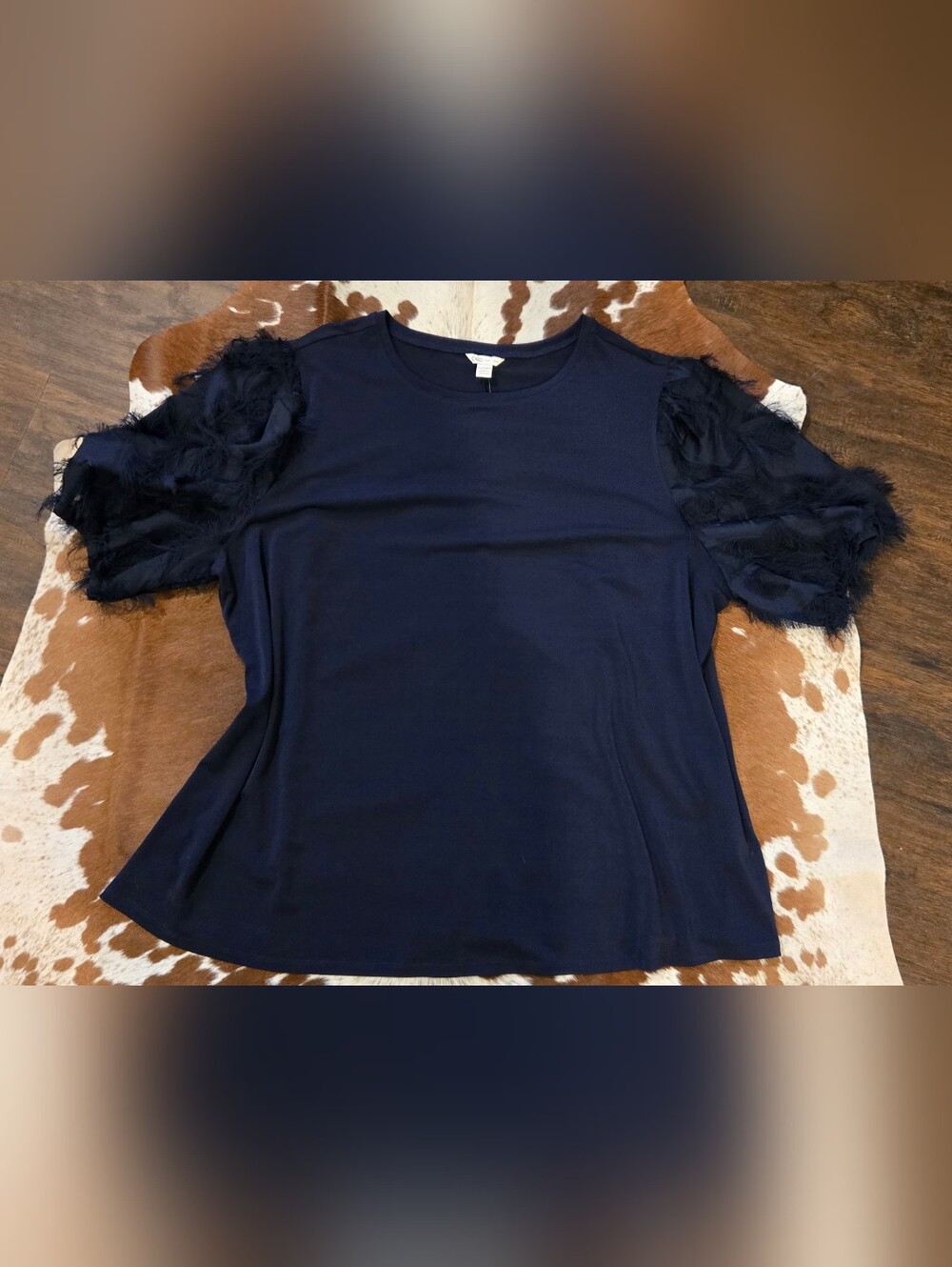 Cato Navy Short Sleeve Top with Layered Ruffle Sleeves